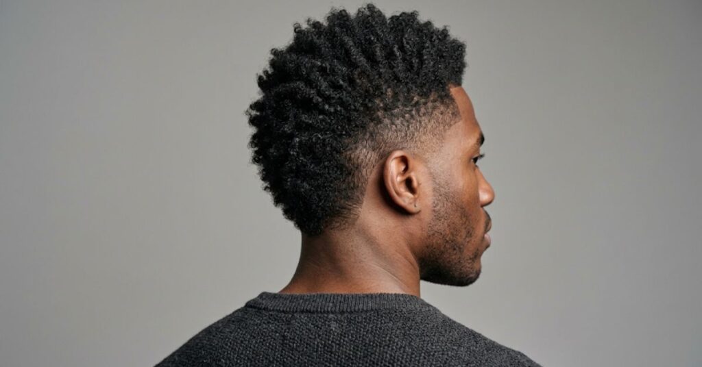 Burst fade mohawk haircut for men with tight curly hair on top