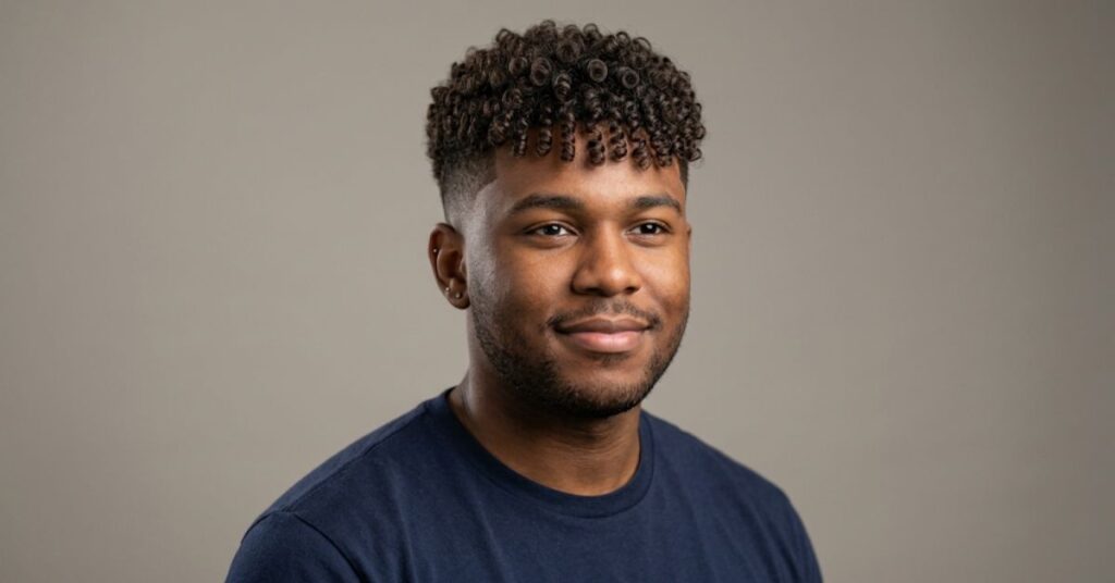 Caesar cut with short textured curly fringe and faded sides