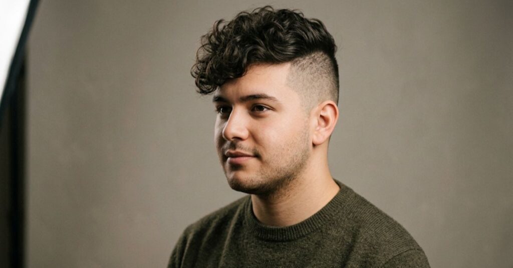 Disconnected undercut for men with a full curly top and buzzed sides