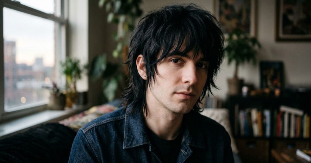 Man with a black emo-inspired shag, wispy razor-cut bangs and thinned layered sides, in a dark denim jacket