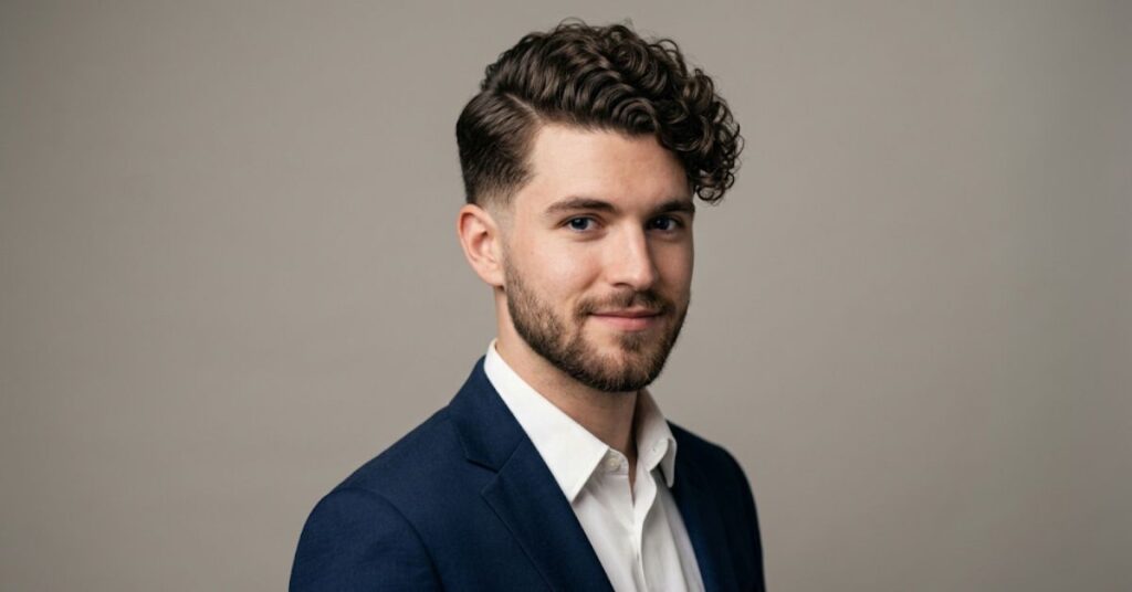 Executive side part haircut for men with curly hair and a low taper