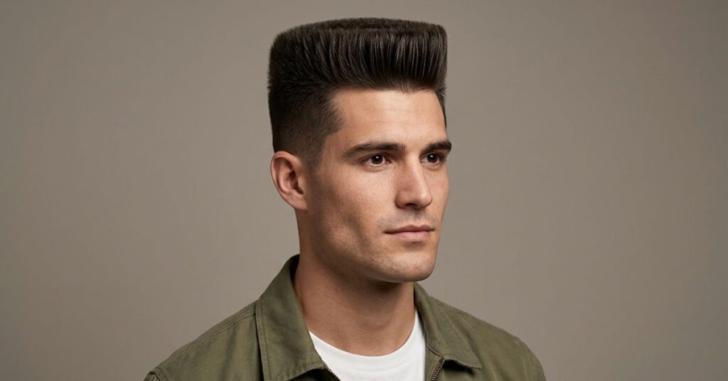 Man with a flat top haircut, a level squared top and short faded sides, in an olive green jacket and white t-shirt