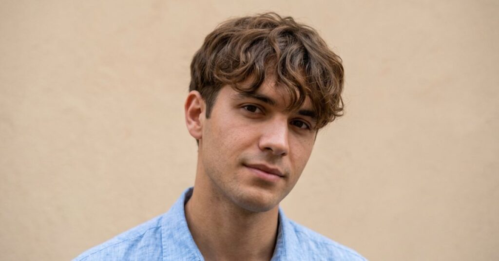 Young man with loose wavy brown hair falling forward in a fringe to eyebrow height, in a light blue linen shirt
