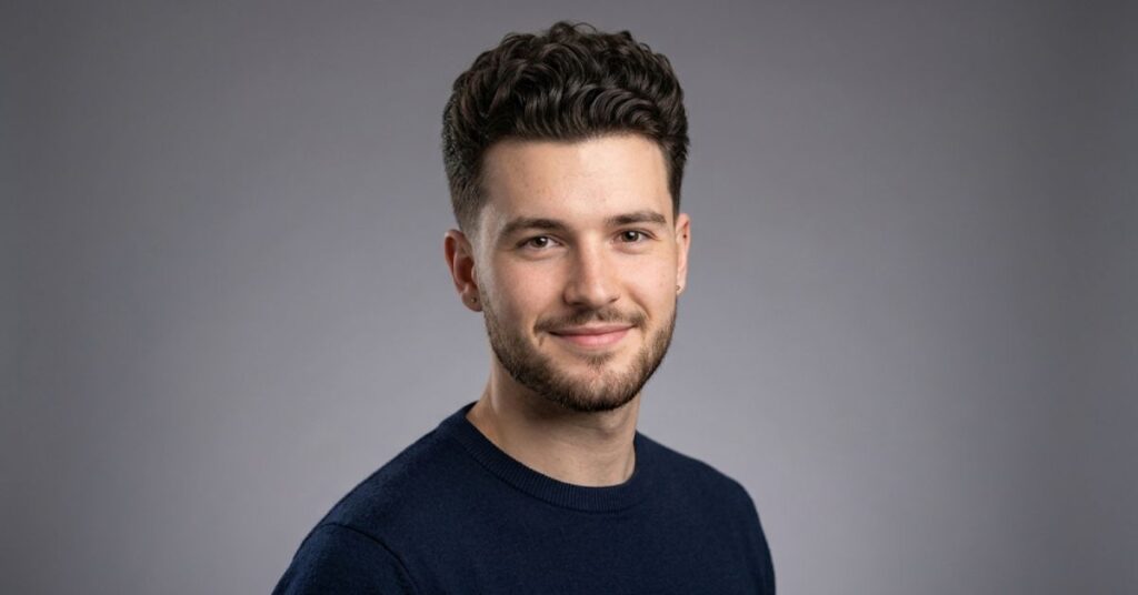 Low taper quiff for men with curly hair styled up and back