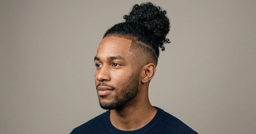 Man bun 2.0 hairstyle for men with curly hair and faded sides