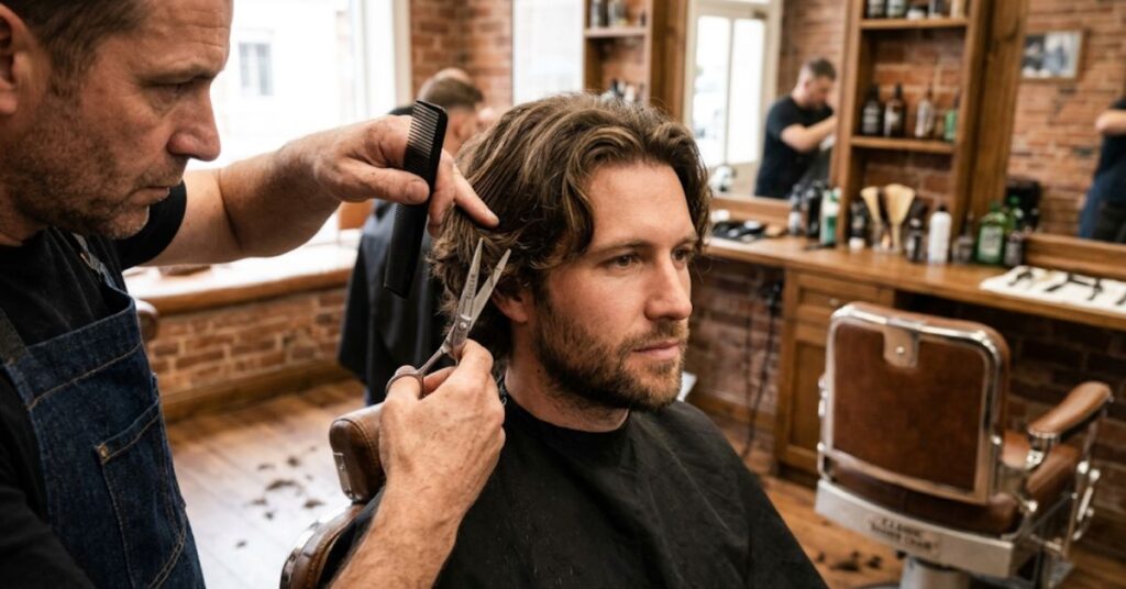 Barber cutting a man’s wavy medium-length hair with scissors and a comb in a barbershop