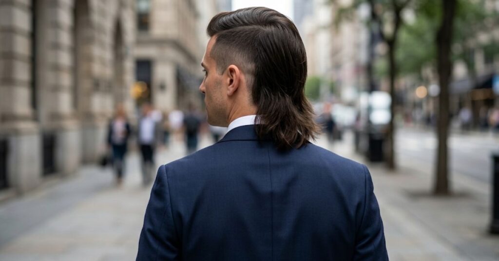 Man seen from behind in a navy suit, with short faded sides and long hair at the back falling over the shirt collar