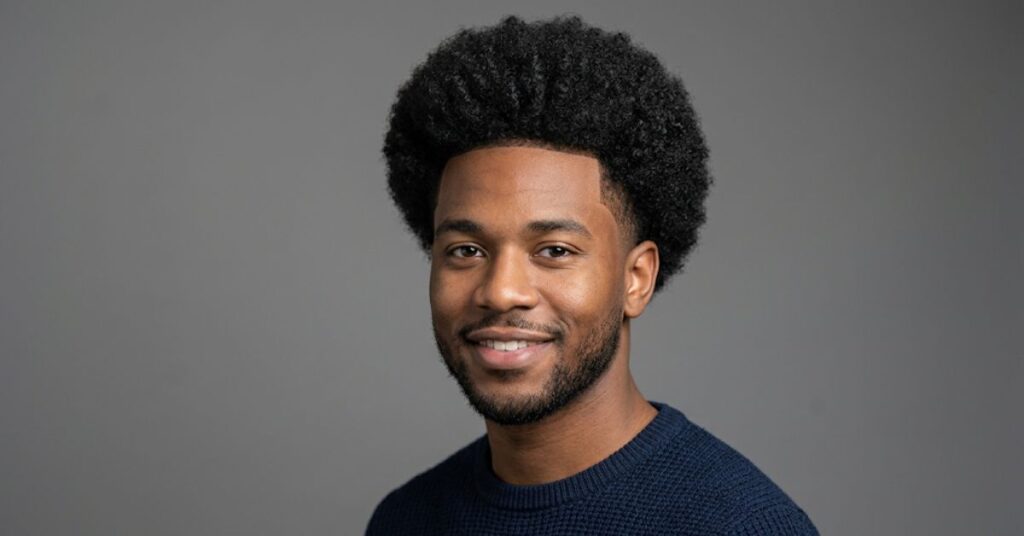 Tapered afro haircut for men with full rounded curls and gradual tapered sides