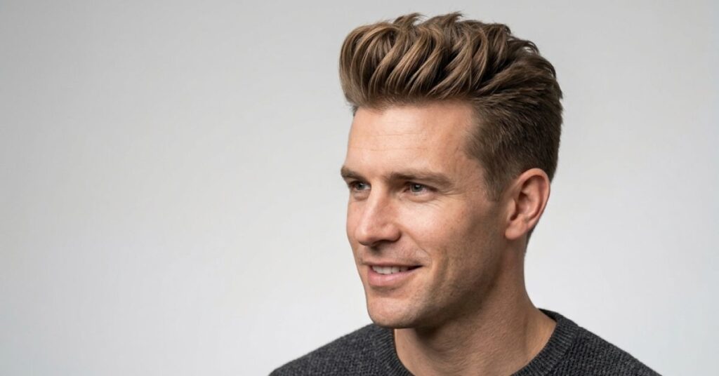 Man with a textured quiff lifted up and back at the front and short tapered sides, in a dark knit sweater