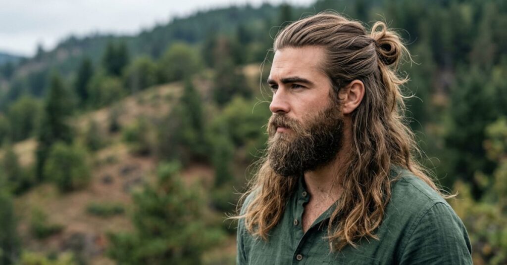 Man with a Viking-style half-up hairstyle, the top hair tied in a small knot and long wavy hair hanging loose, with a full beard, in a green henley