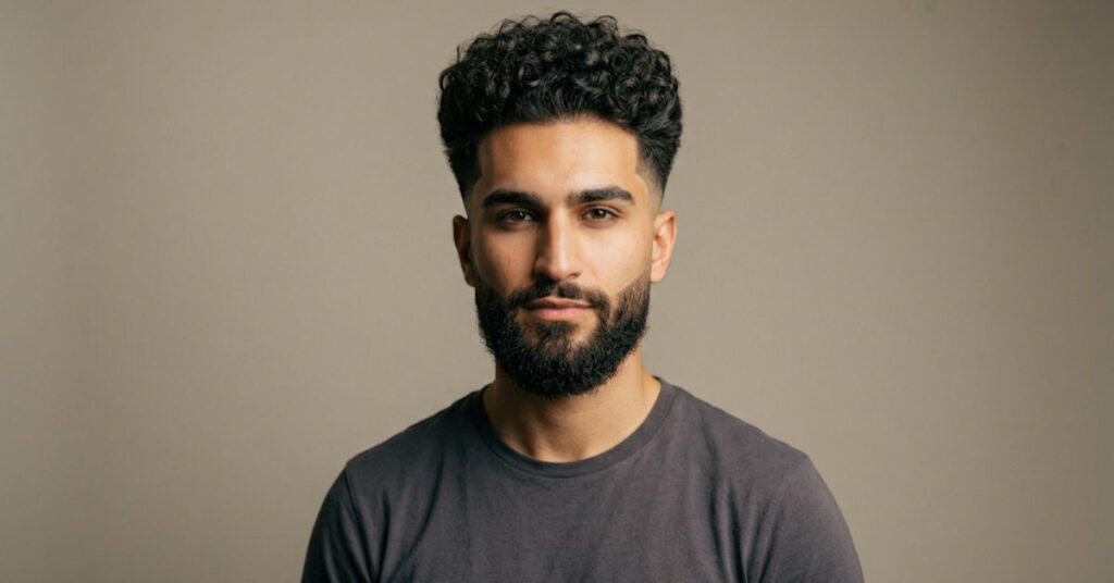 Voluminous curly top with a groomed beard for men