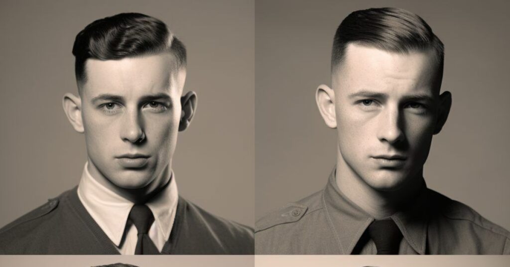 Vintage 1940s military haircut with classic side part and high taper fade