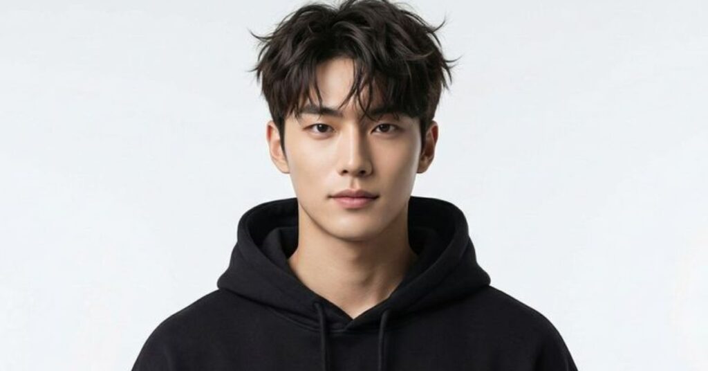 Modern Asian comb over for men featuring thick straight hair and a sharp fade.