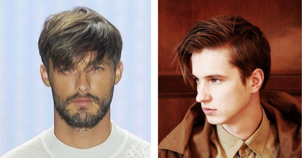 Diagonal asymmetrical fringe haircut for men with straight hair.