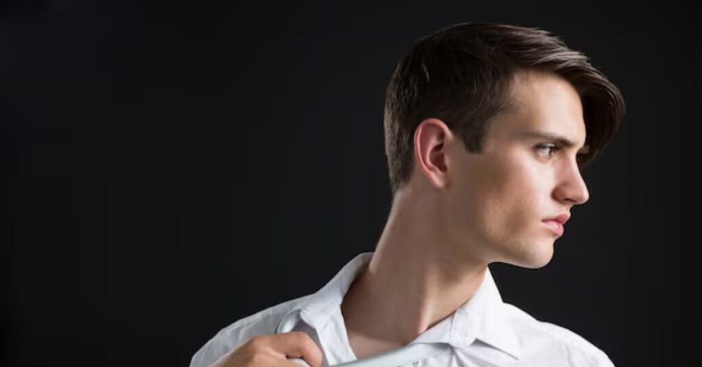 Asymmetrical sweep comb over with modern edge