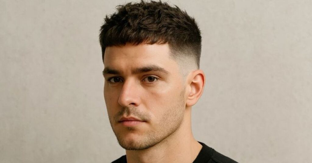 Modern bald fade with textured top for men featuring a messy side-swept finish and sharp edges.