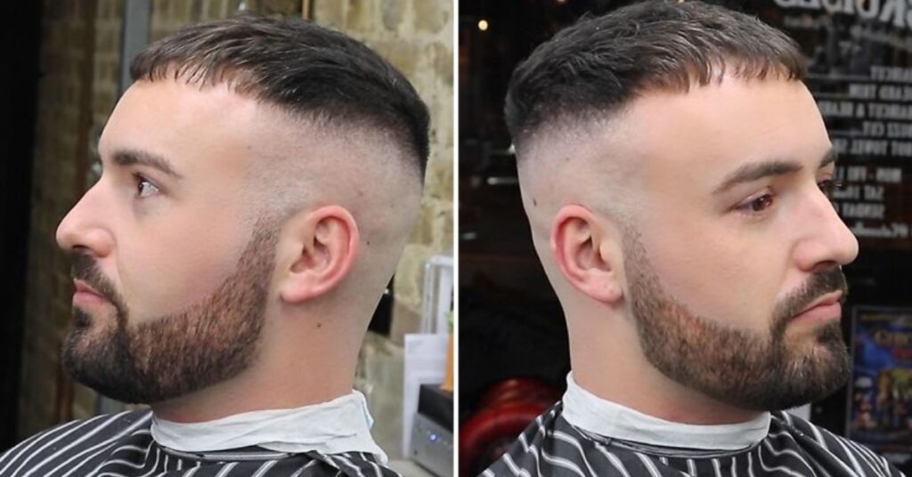 Caesar cut military hairstyle with short horizontal fringe and faded sides for men