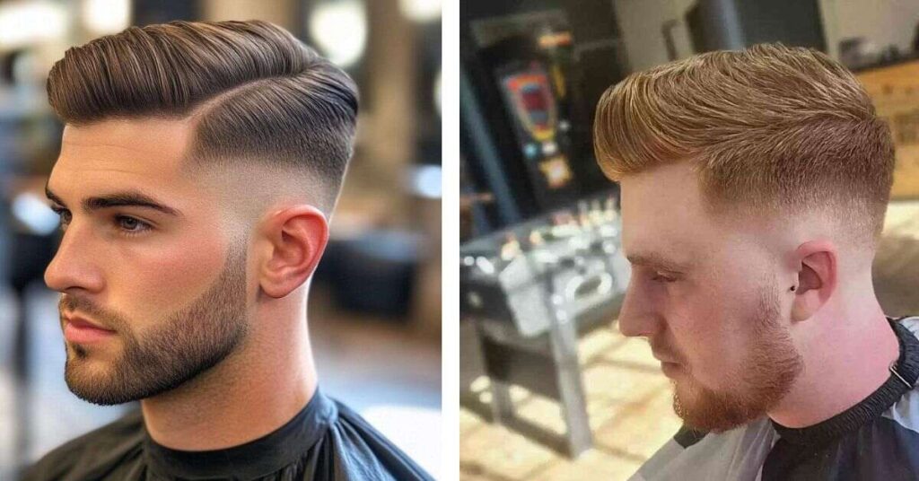 Classic low fade comb over with clean side profile and smooth volume