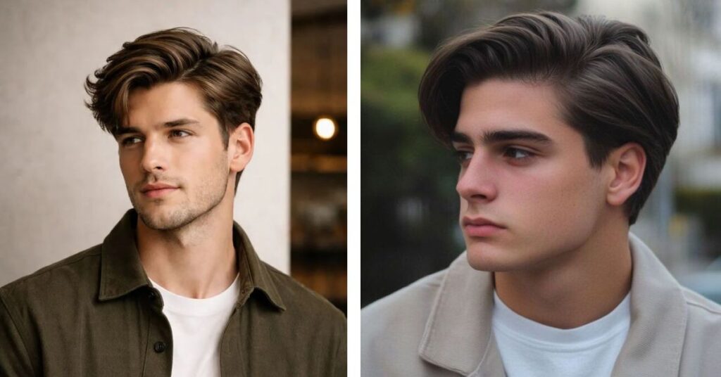 Modernized side part with soft layers for men with straight hair.