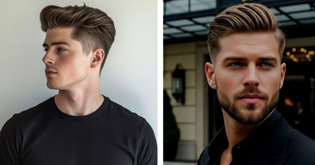 Long comb over styled with a side fade for men with straight hair.