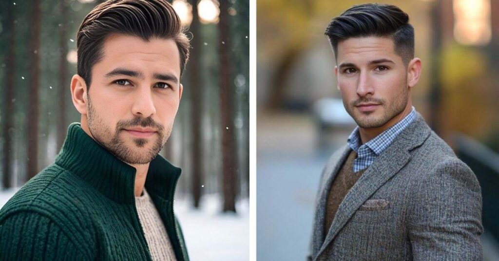 Classic comb over pompadour for men with high-volume front quiff and a sleek side part.