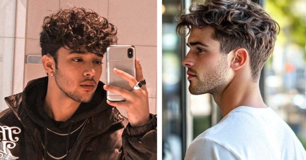 Defined curly hair comb over for men with tight coils and a clean side-parted fade.