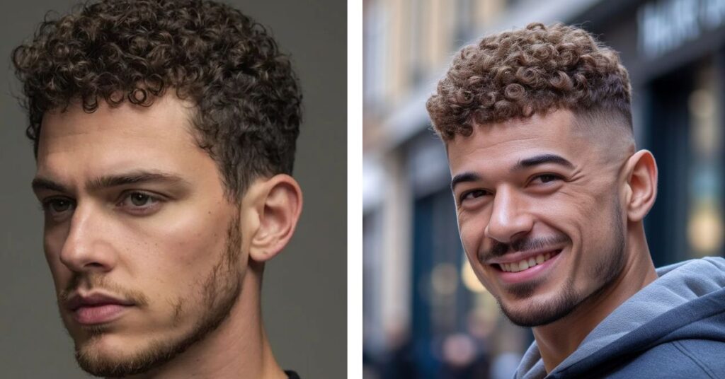 Tall curly hair on top with a high taper fade for volume.