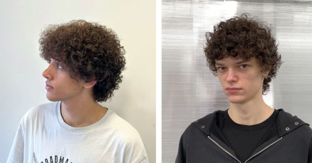 Natural curly mod hairstyle rounded shape.