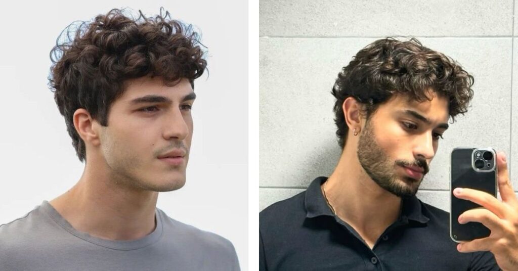 Layered curly shag haircut with faded sides for men.