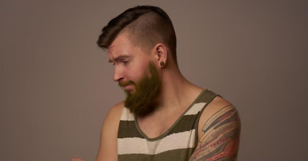Long top hair hanging over shaved sides disconnected undercut.