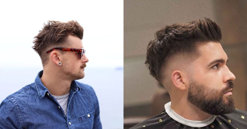 Athletic faux hawk fade haircut with a textured central ridge.