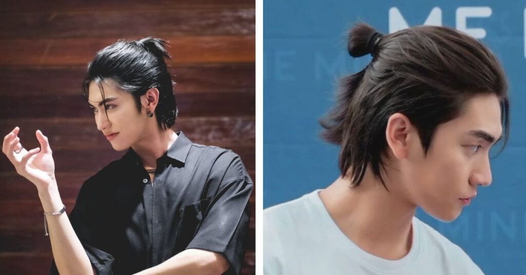 Urban Viking style half-up bun for men with straight hair.