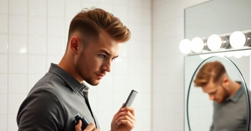 Modern hard part comb over for men featuring a razor-shaved line.