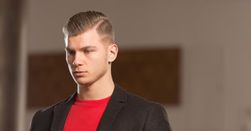 Sharp hard part haircut with high tapered fade for a clean look.