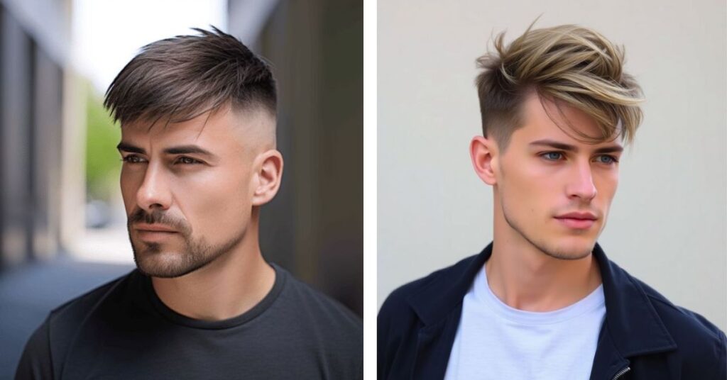 Artistic angular fringe haircut with high skin fade for round face shapes.