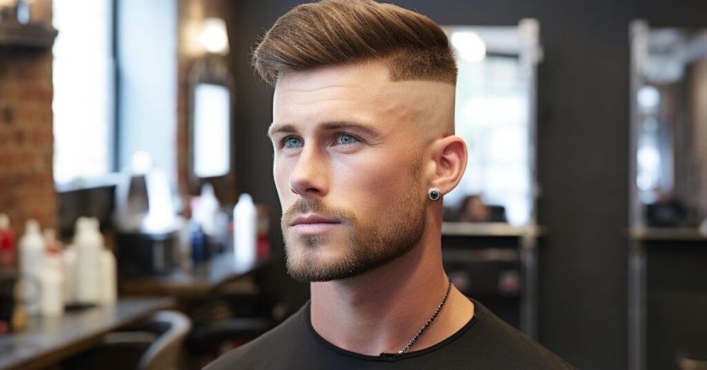 High-contrast high fade comb over for men with a sleek top.