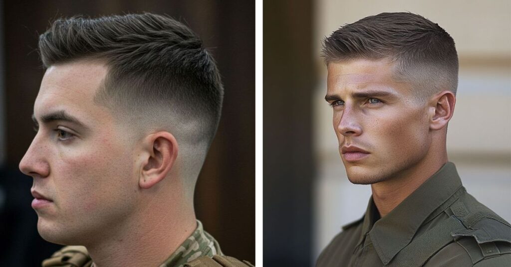 High fade military style for round face slimming effect