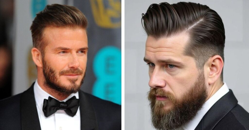 Long hair slicked back with high contrast skin fade on sides.