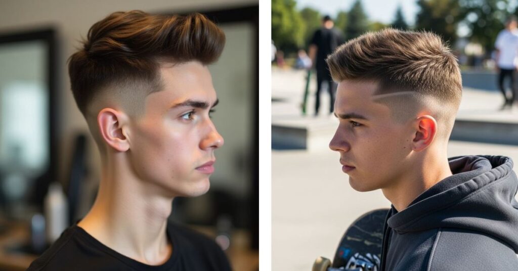 Short spiky hair on top with high bald fade for a youthful look.