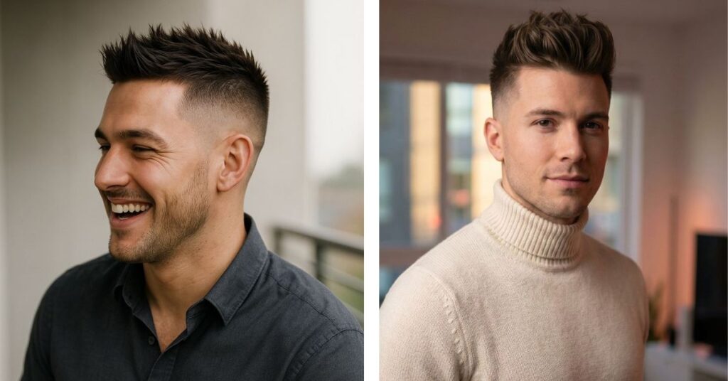 Soft textured mohawk with high taper fade for a relaxed edgy look.