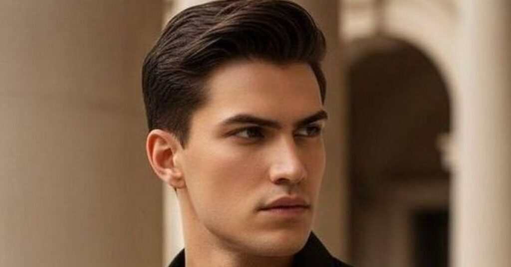 Sharp high taper comb over for men with a clean side-part and structured volume.