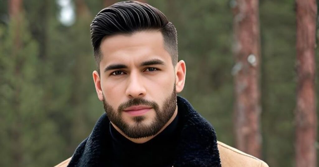 High volume comb over for men with dramatic lift and thick textured hair.