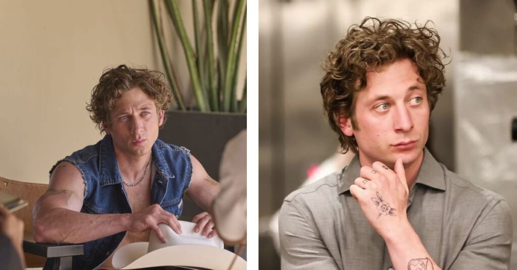 Men’s short tapered curly haircut with volume on top Jeremy Allen White style.