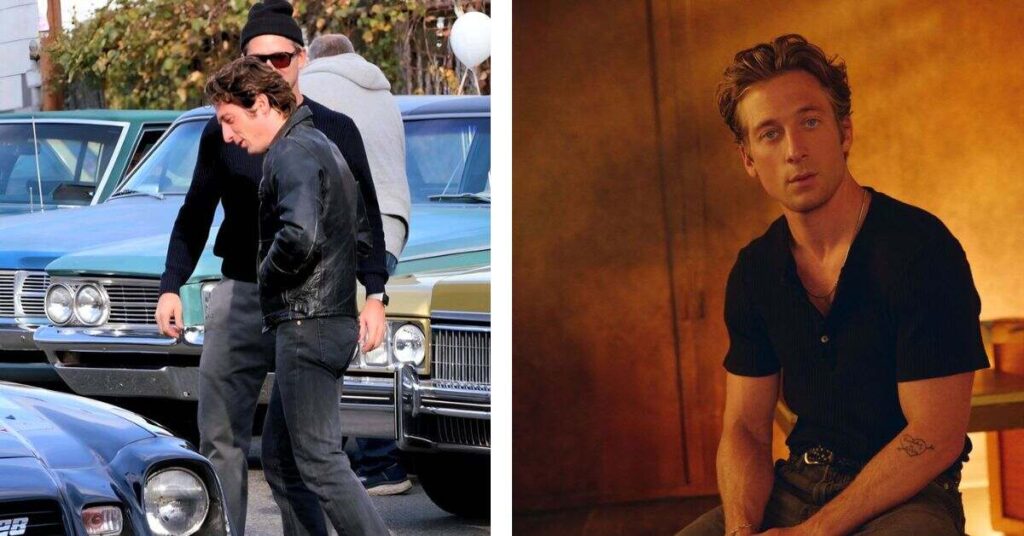 Jeremy Allen White haircut reference photos and barber instructions for curly hair men.