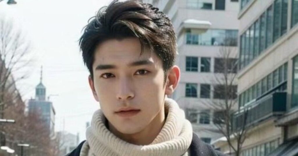 Trendy Korean comma hairstyle with a curved fringe for men with straight hair.