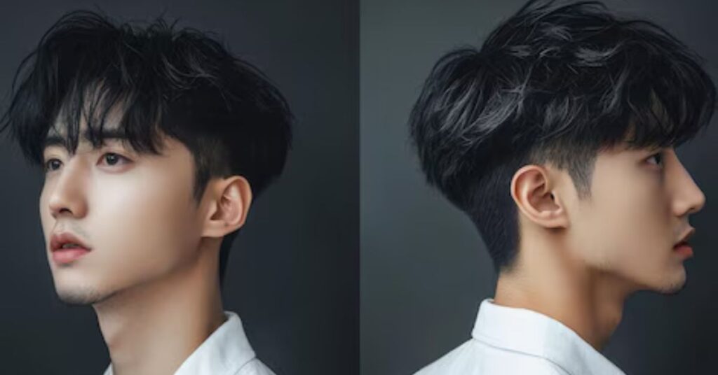 Trendy Korean two-block side part haircut for young men.