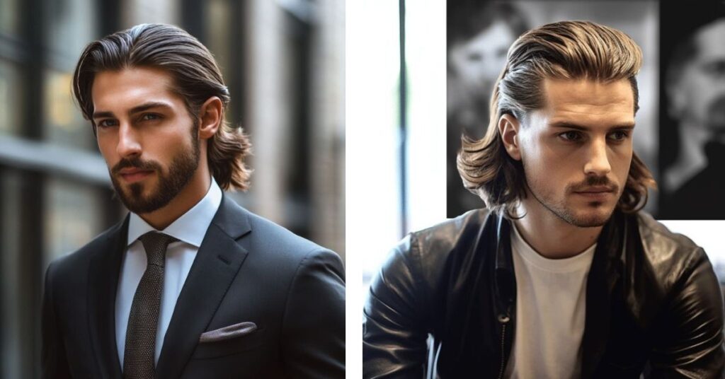 Elegant long slicked-back hairstyle for men with straight hair.