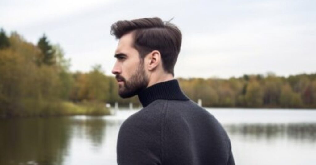 Long top comb over styled with high volume and flow