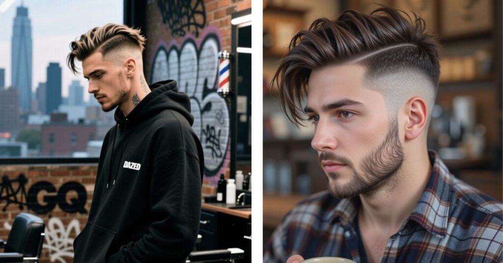 Long top falling over shaved sides for men with straight hair.