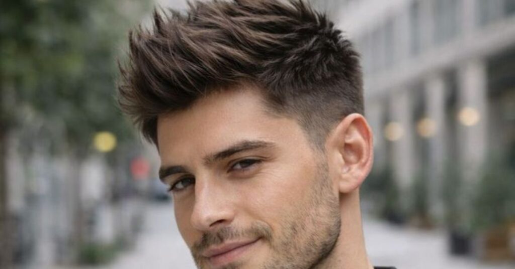 Textured Messy Quiff Korean hairstyle cut with clean tapered sides.